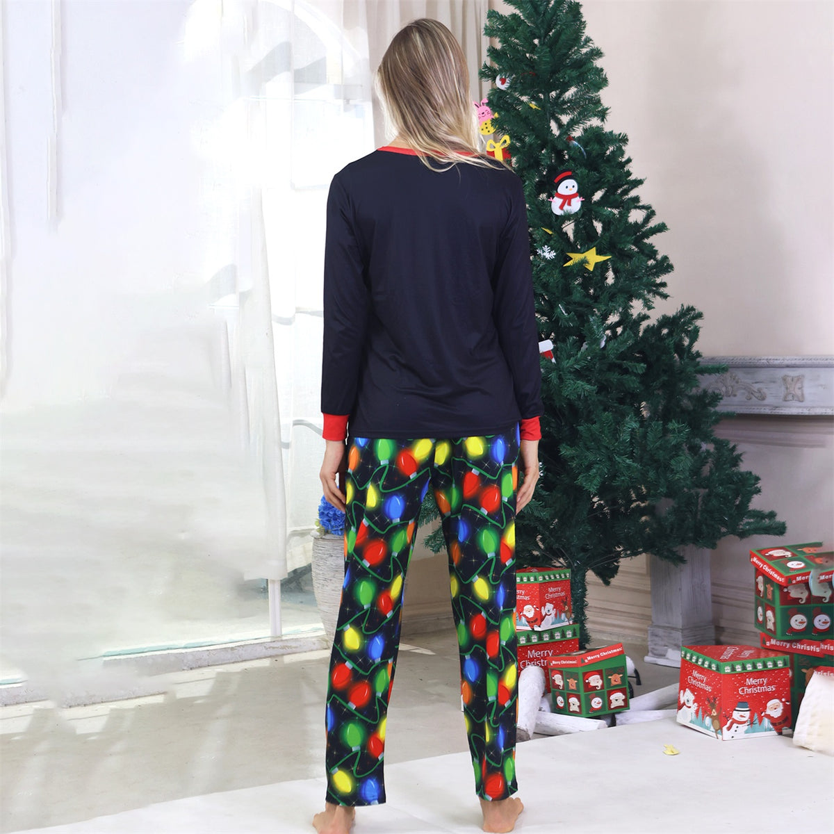 Matching Christmas Pajamas for Photos Colorful Light Bulb Print Christmas Pajama Photoshoot CHP-95