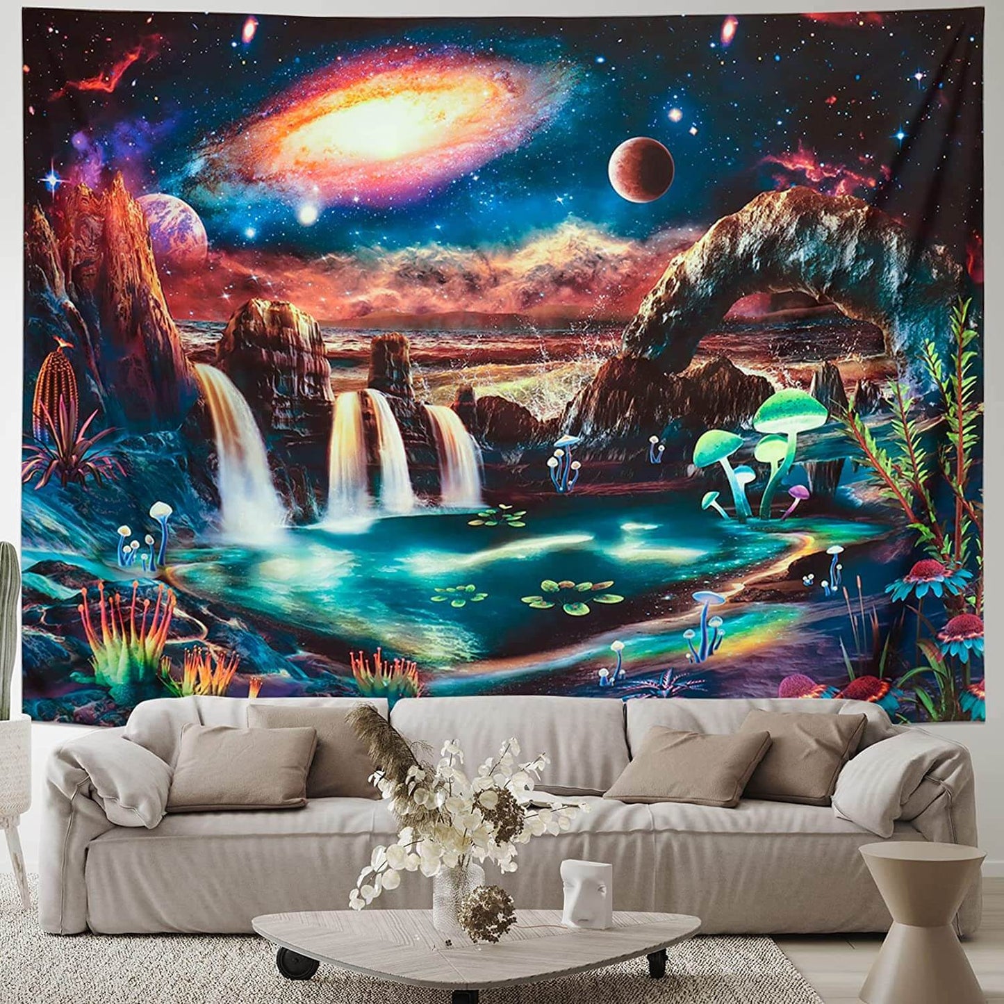 Blacklight Galaxy Tapestry Waterfall Landscape UV Reactive Wall Hanging
