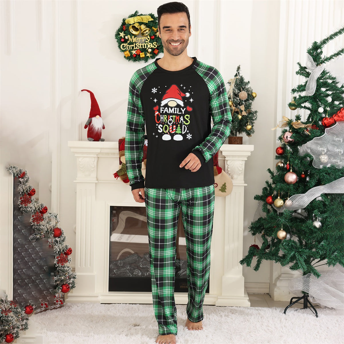 Christmas Pajama Set Green Plaid Squad Print Matching Christmas Pajamas for Photos CHP-82