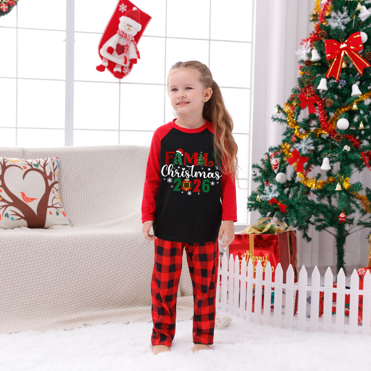 Christmas Pajama Set Snowflake Ornament Typography Red Plaid Christmas Pajamas CHP-44