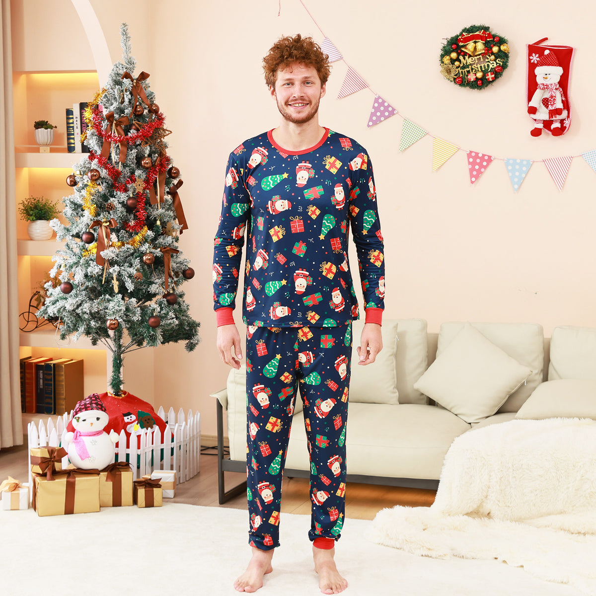 Christmas Eve Pajamas Navy Santa Gift Print Pattern Matching Christmas Pajamas CHP-73