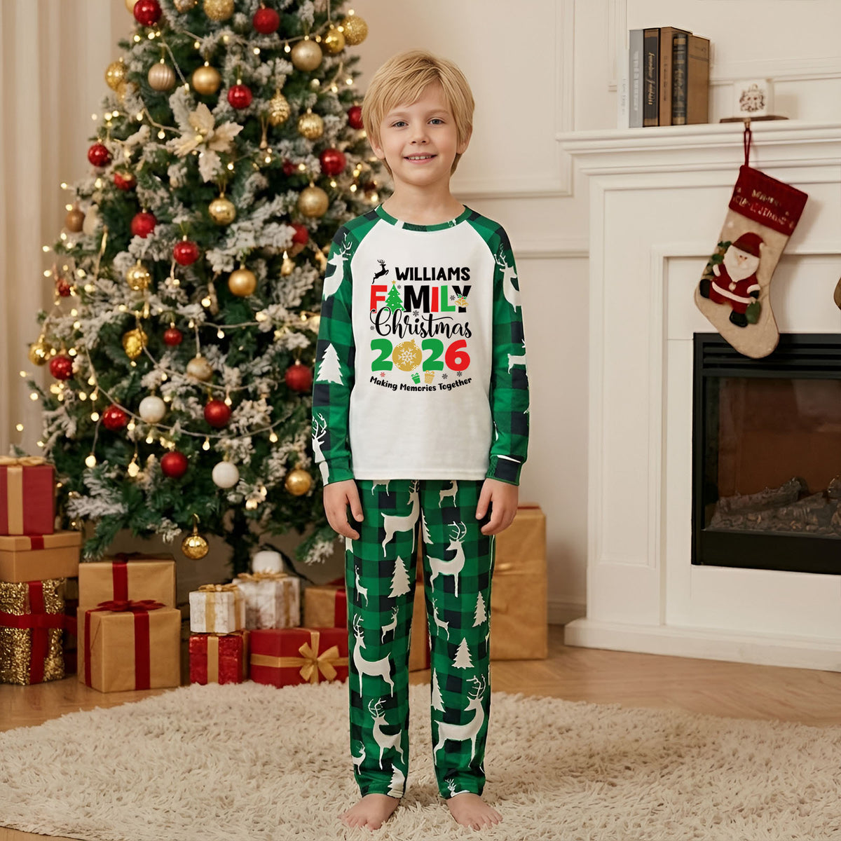 Matching Christmas Pajamas Green Reindeer Print Christmas Plaid Pajamas CHP-6