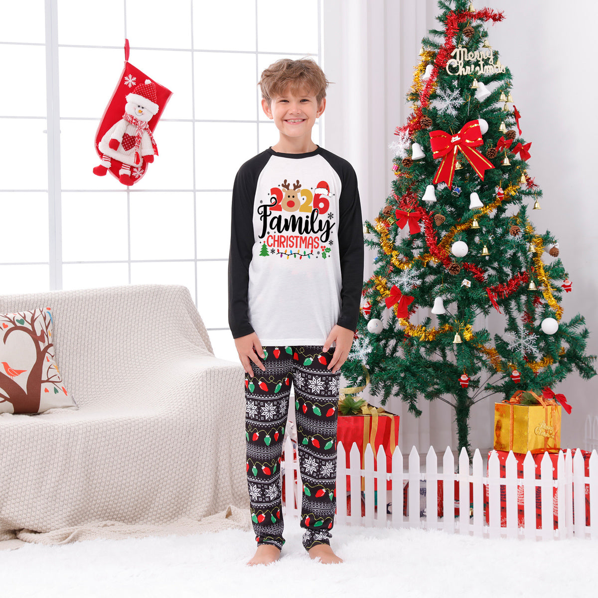 Christmas Pajamas Reindeer 2026 Family Christmas Colorful Lights Print Matching Family Photoshoot Outfit Christmas Sleepwear CHP-117
