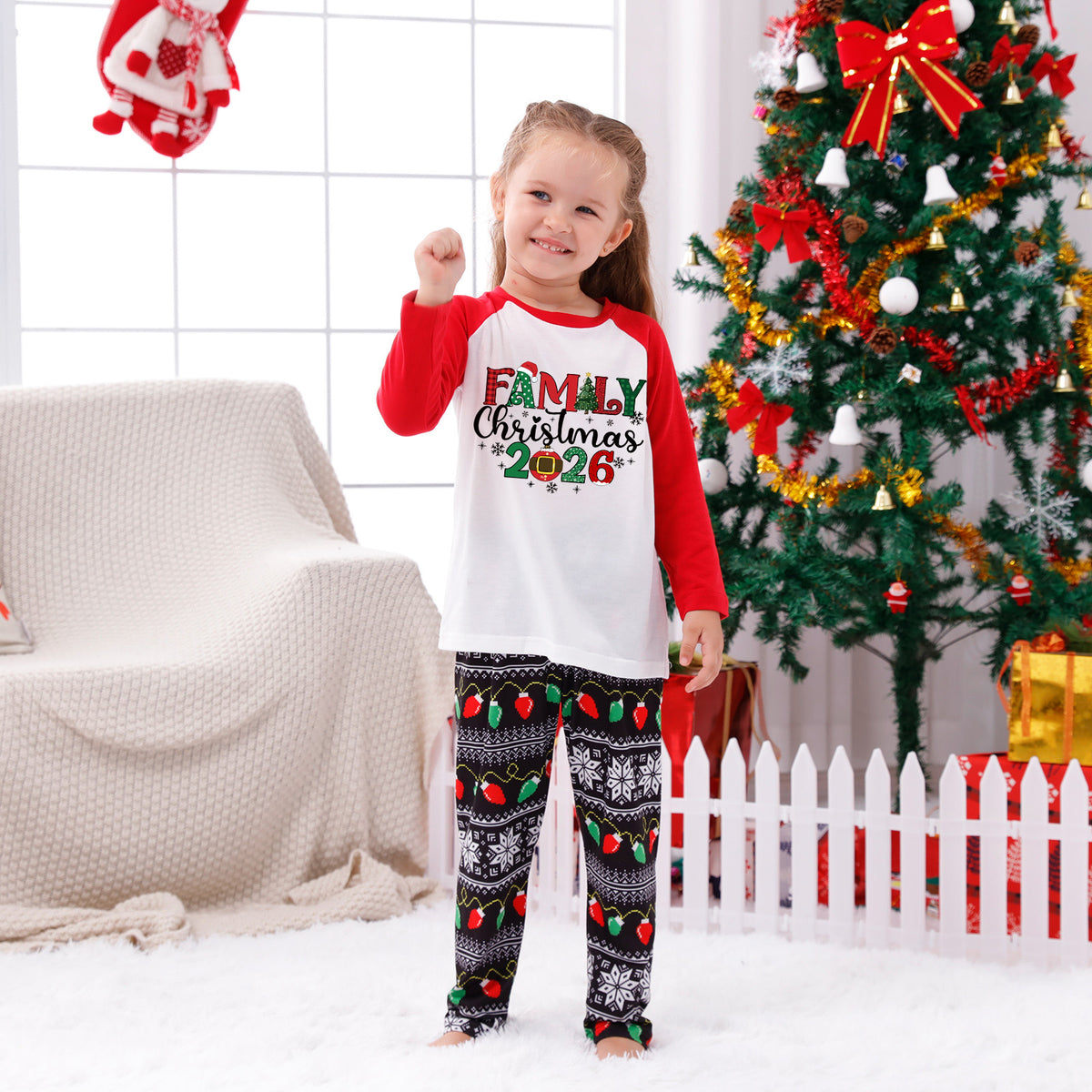 Christmas Pajamas Red Sleeve Family Christmas 2026 Plaid Letter Print Matching Family Photoshoot Sleepwear CHP-125