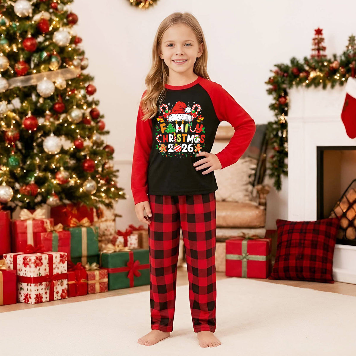 Candy Cane Christmas Pajamas Santa Hat Festive Graphic Christmas Lounge Set CHP-50