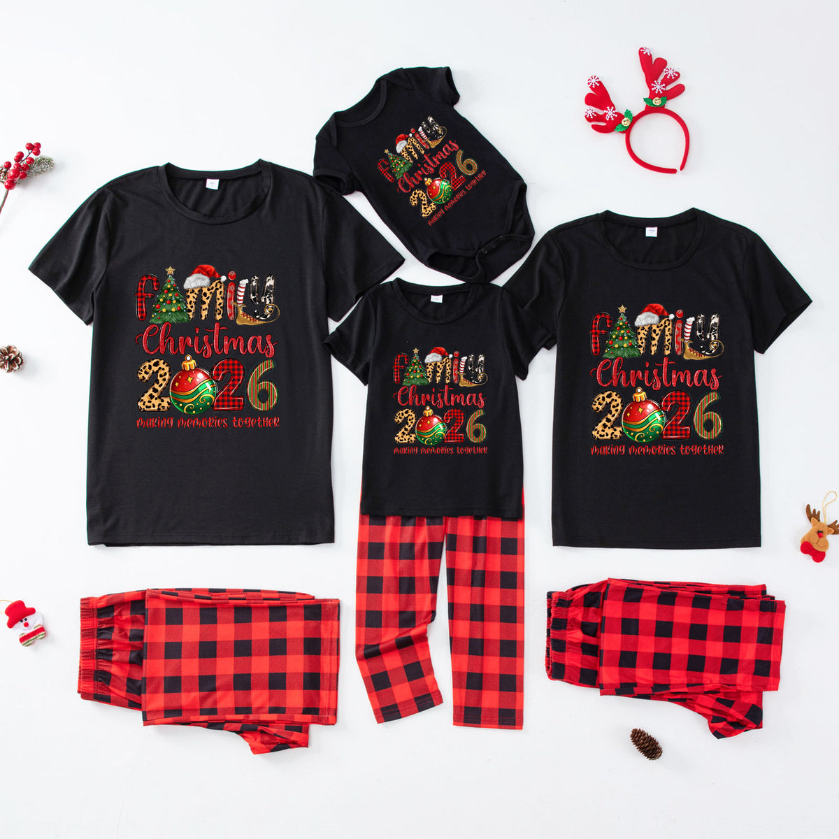 Dad and Kids Christmas Pajamas Santa Hat Tree Typography Christmas Family Photo Outfits CHP-39