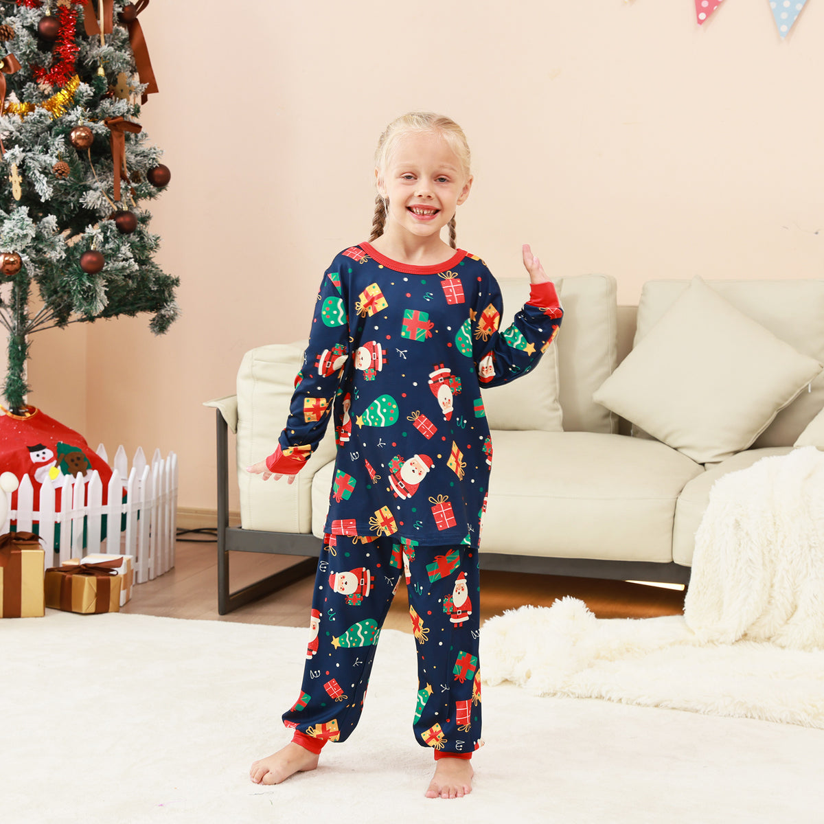 Christmas Eve Pajamas Navy Santa Gift Print Pattern Matching Christmas Pajamas CHP-73