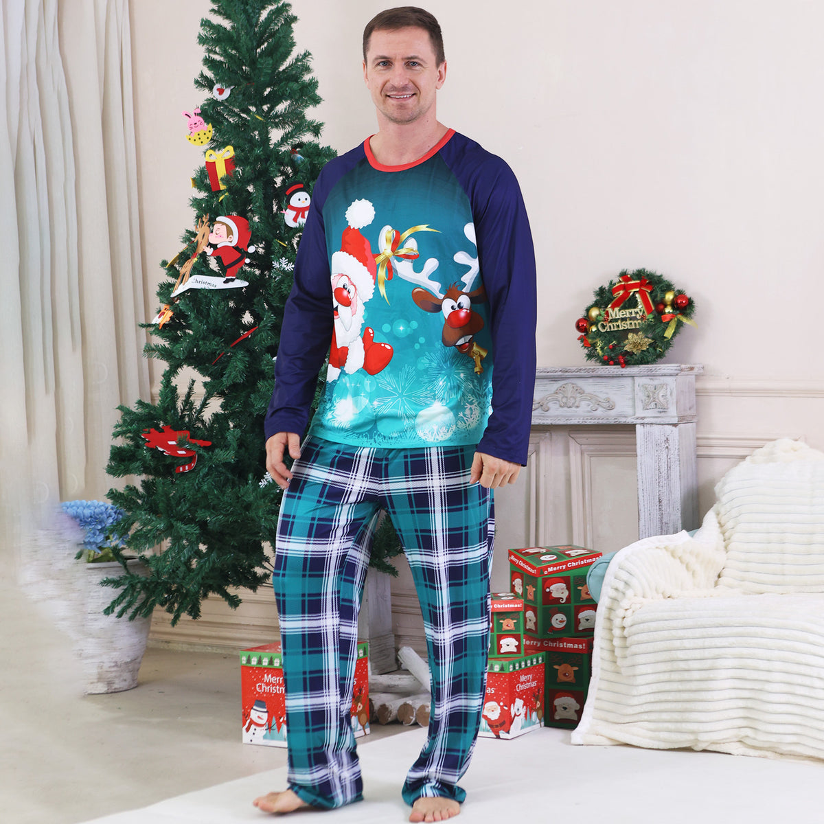 Holiday Matching Pajamas Santa Hat Reindeer Teal Plaid Print Christmas Family Photo Outfits CHP-97