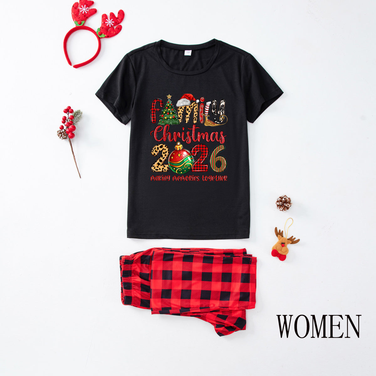 Dad and Kids Christmas Pajamas Santa Hat Tree Typography Christmas Family Photo Outfits CHP-39