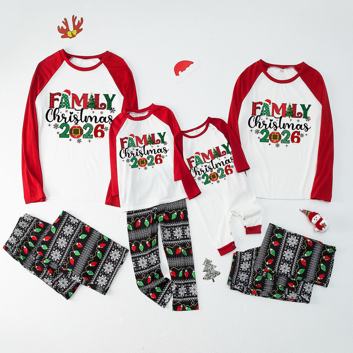 Christmas Pajamas Red Sleeve Family Christmas 2026 Plaid Letter Print Matching Family Photoshoot Sleepwear CHP-125