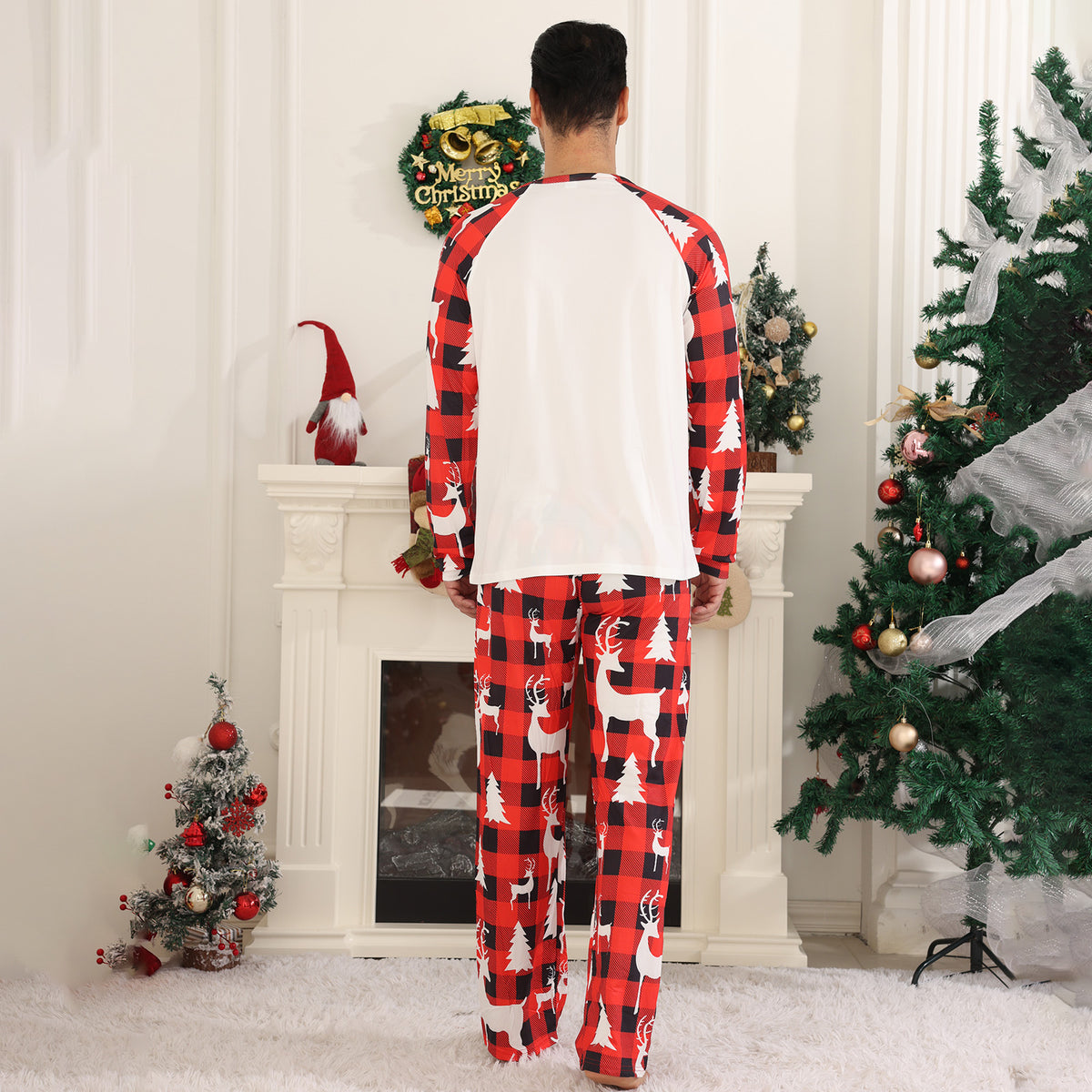 Red Plaid Christmas Pajamas Buffalo Plaid Reindeer Print Christmas Long Sleeve Pajamas CHP-80