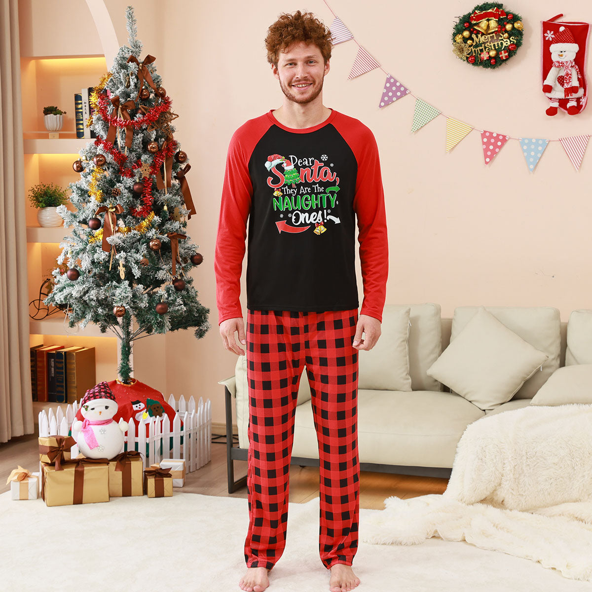 Matching Christmas Pajamas Naughty Santa Red Plaid Print Christmas Matching Pajamas CHP-86