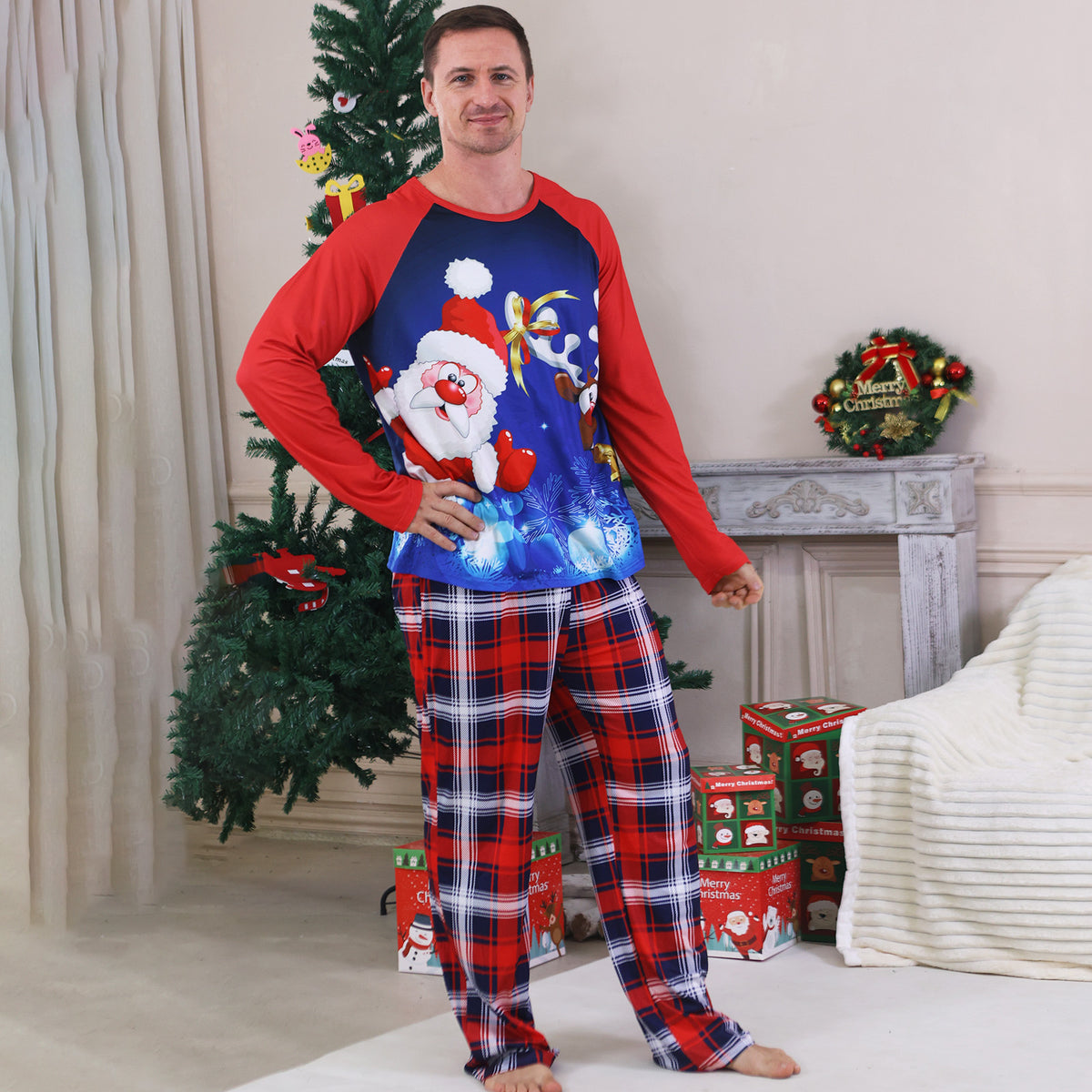 Christmas Morning Pajamas Blue Reindeer Snowflake Plaid Print Christmas Family Photoshoot Outfits CHP-96