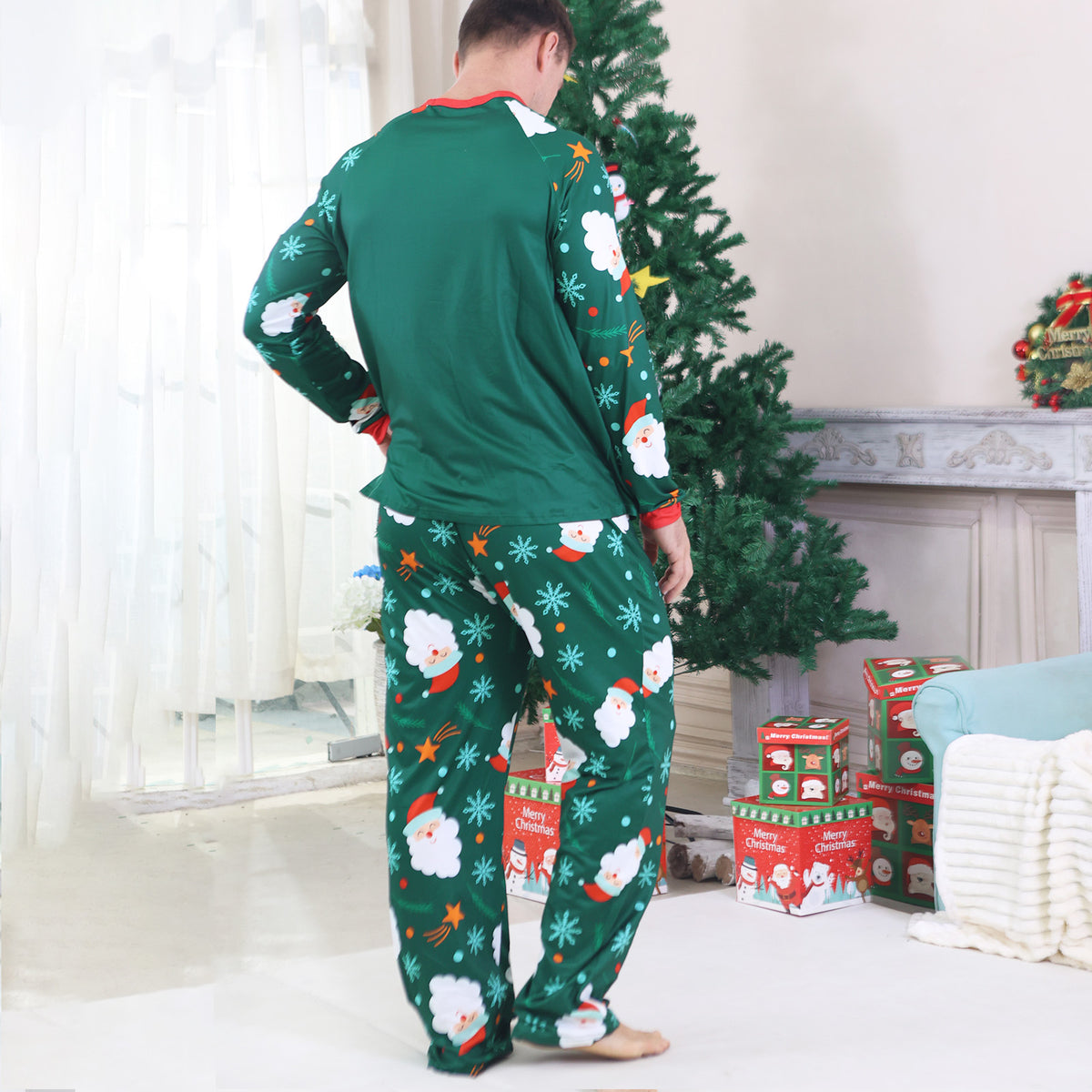 Christmas Family Photo Outfits Green Santa Snowflake Allover Print Holiday Matching Pajamas CHP-90
