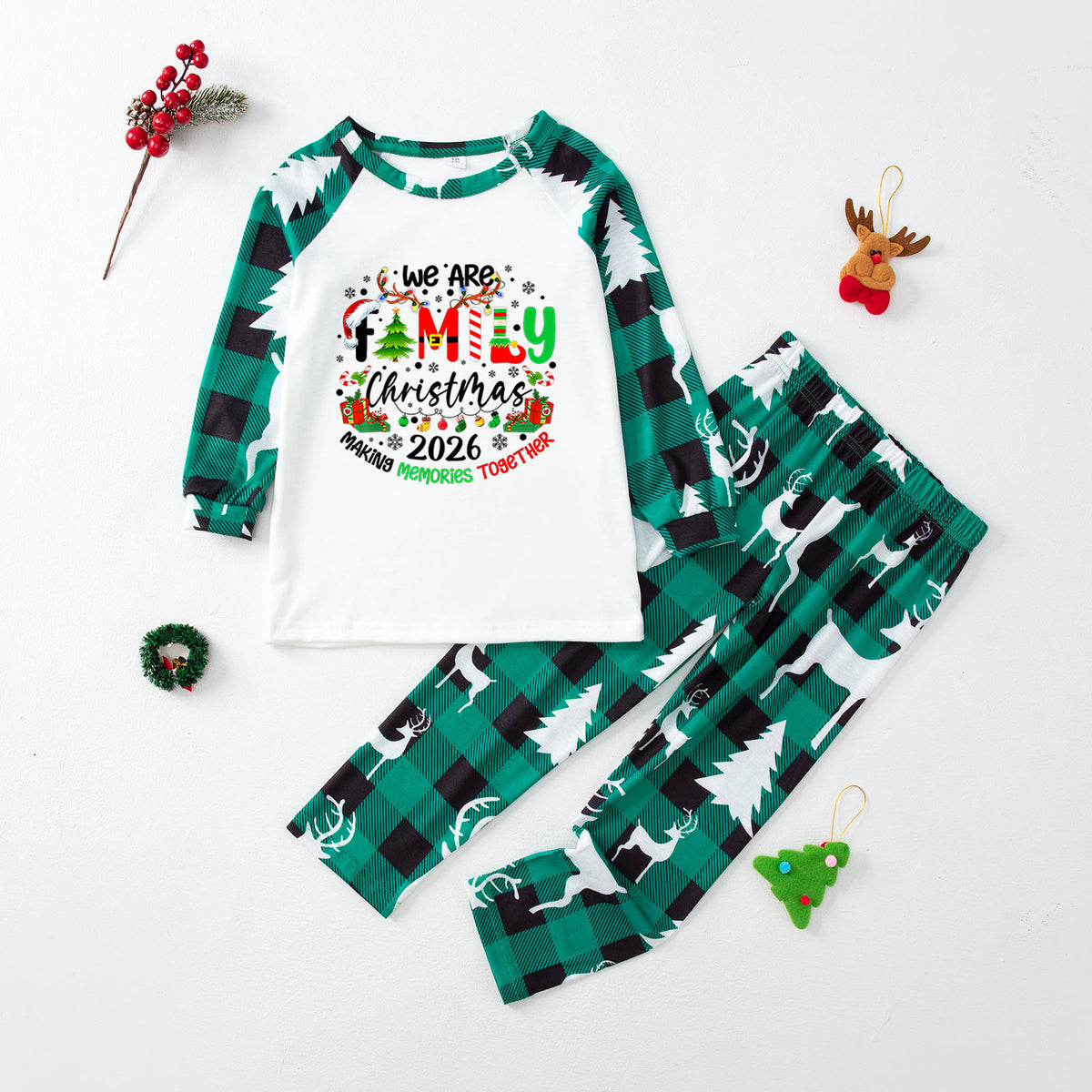 Matching Christmas PJs Green Plaid Reindeer Print Cute Christmas Pajamas CHP-9