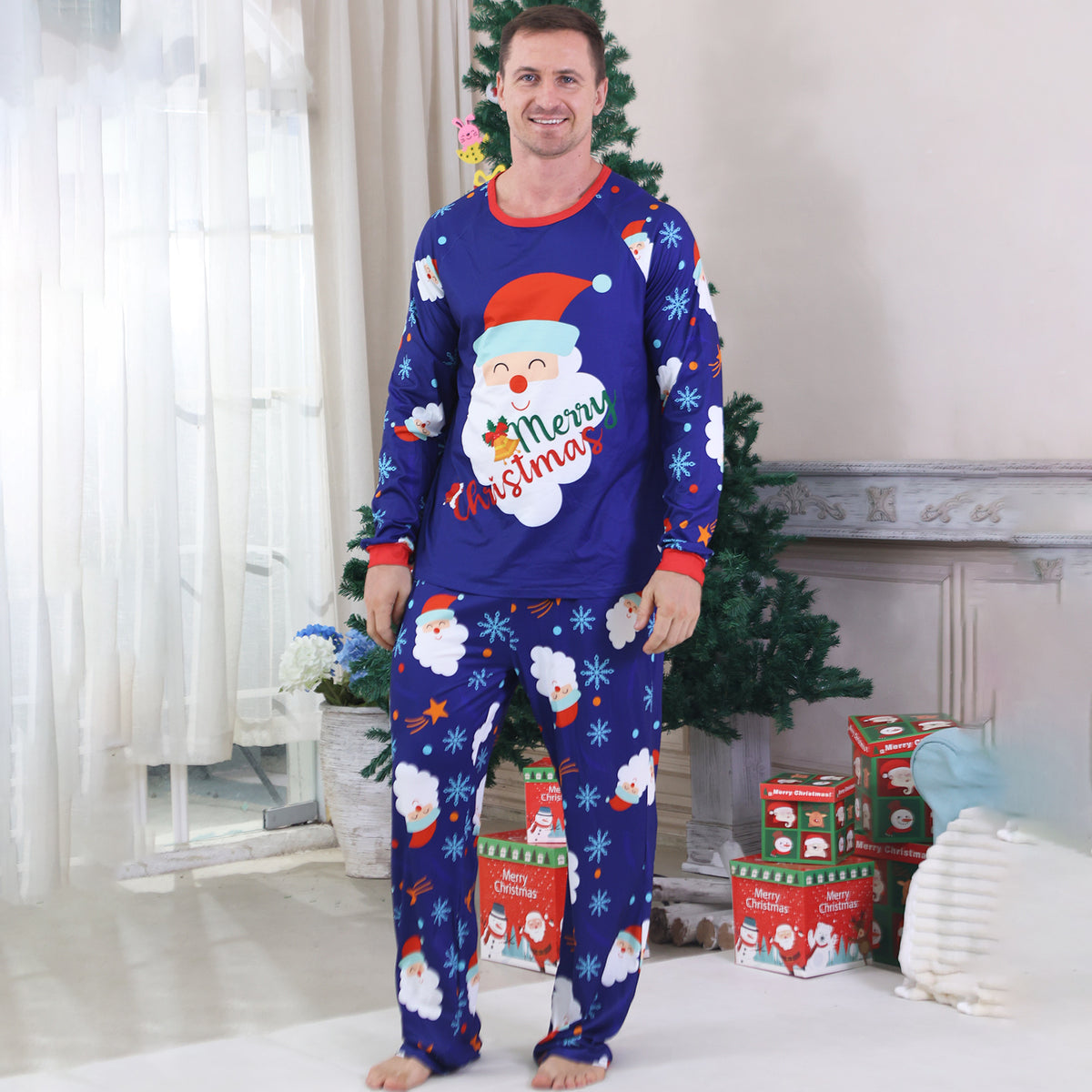 Christmas Family Photoshoot Outfits Royal Blue Santa Snowflake Allover Print Christmas Pajamas CHP-91