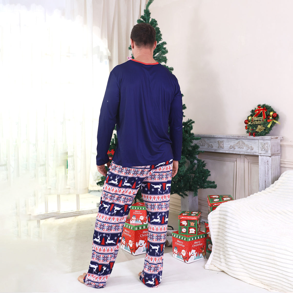 Dad and Kids Christmas Pajamas Navy Reindeer Fair Isle Pattern Matching Christmas PJs CHP-99