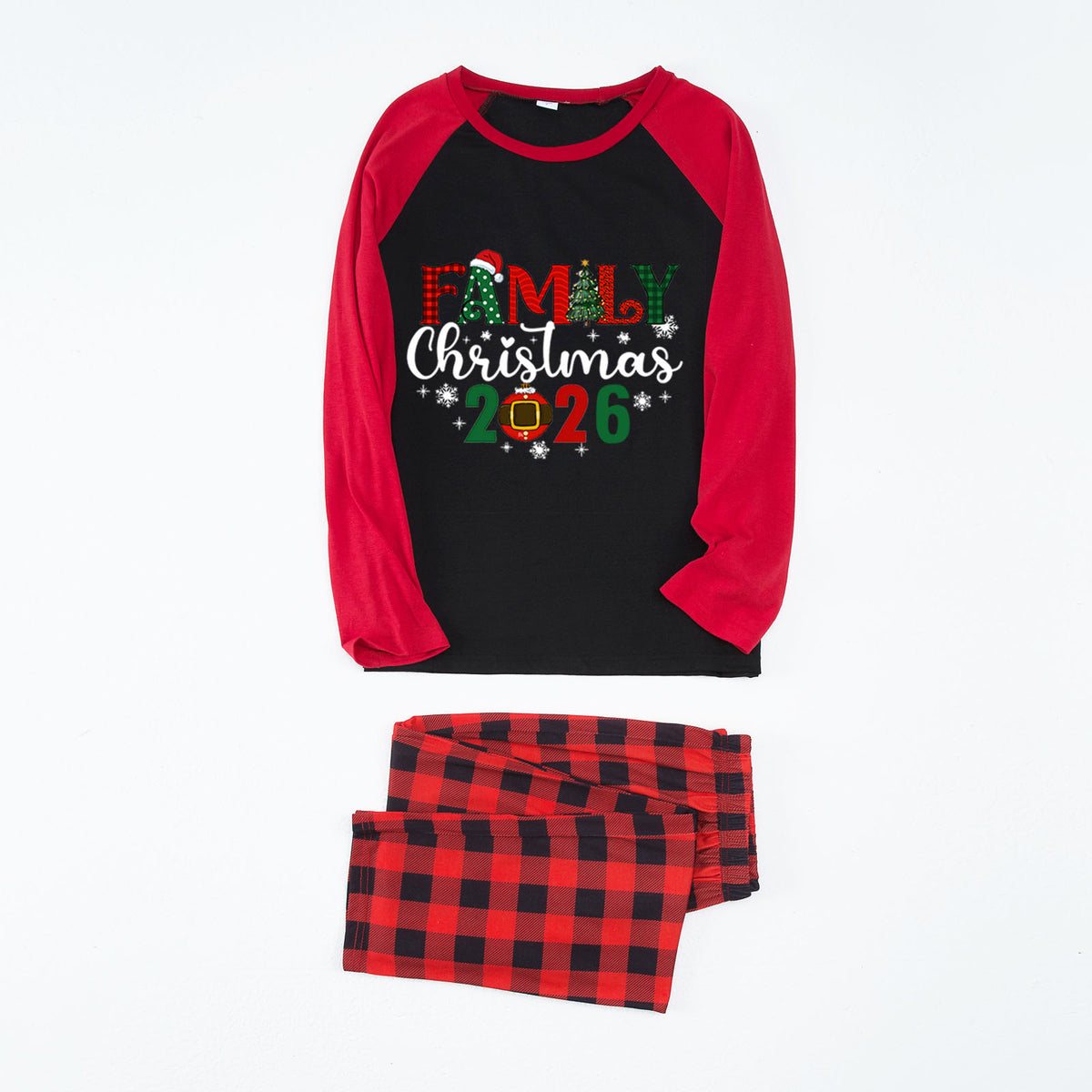 Christmas Pajama Set Snowflake Ornament Typography Red Plaid Christmas Pajamas CHP-44