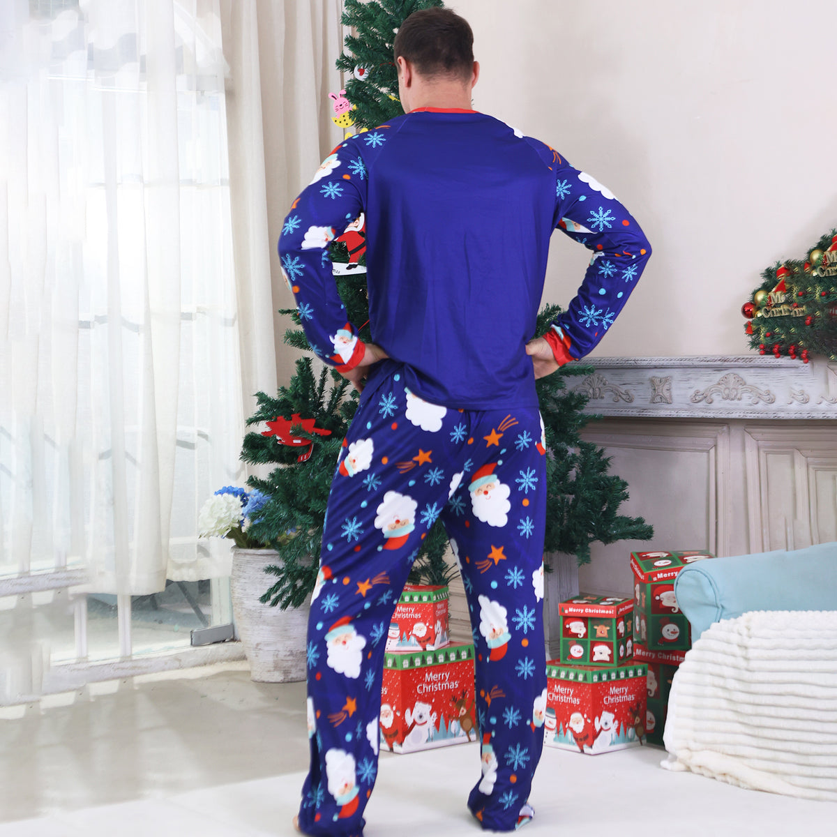 Christmas Family Photoshoot Outfits Royal Blue Santa Snowflake Allover Print Christmas Pajamas CHP-91