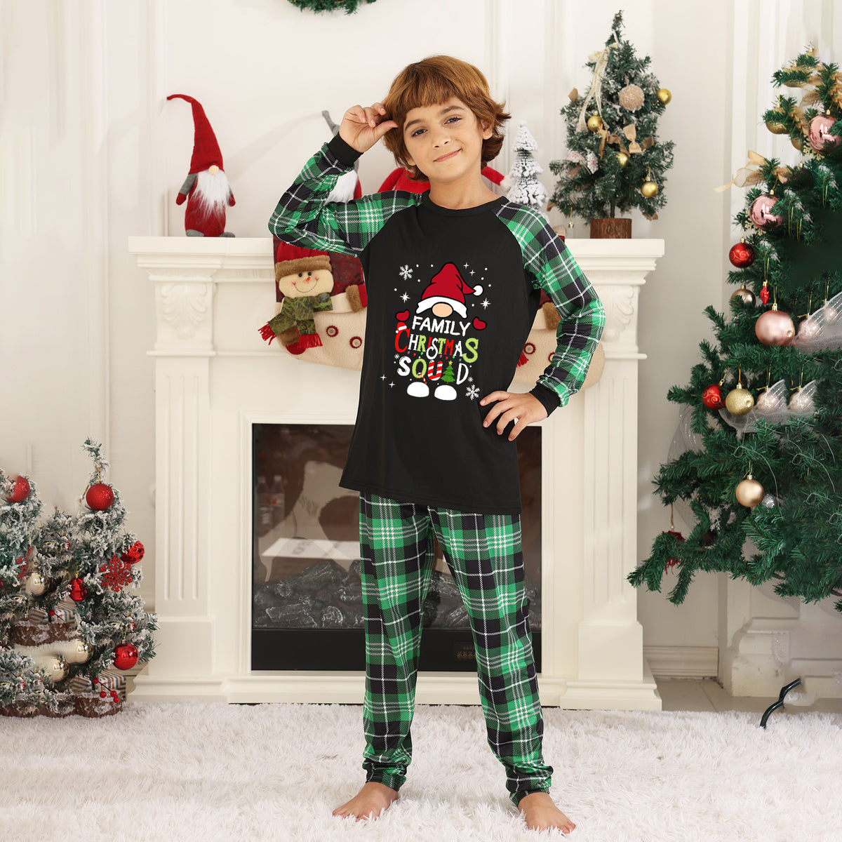 Christmas Pajama Set Green Plaid Squad Print Matching Christmas Pajamas for Photos CHP-82