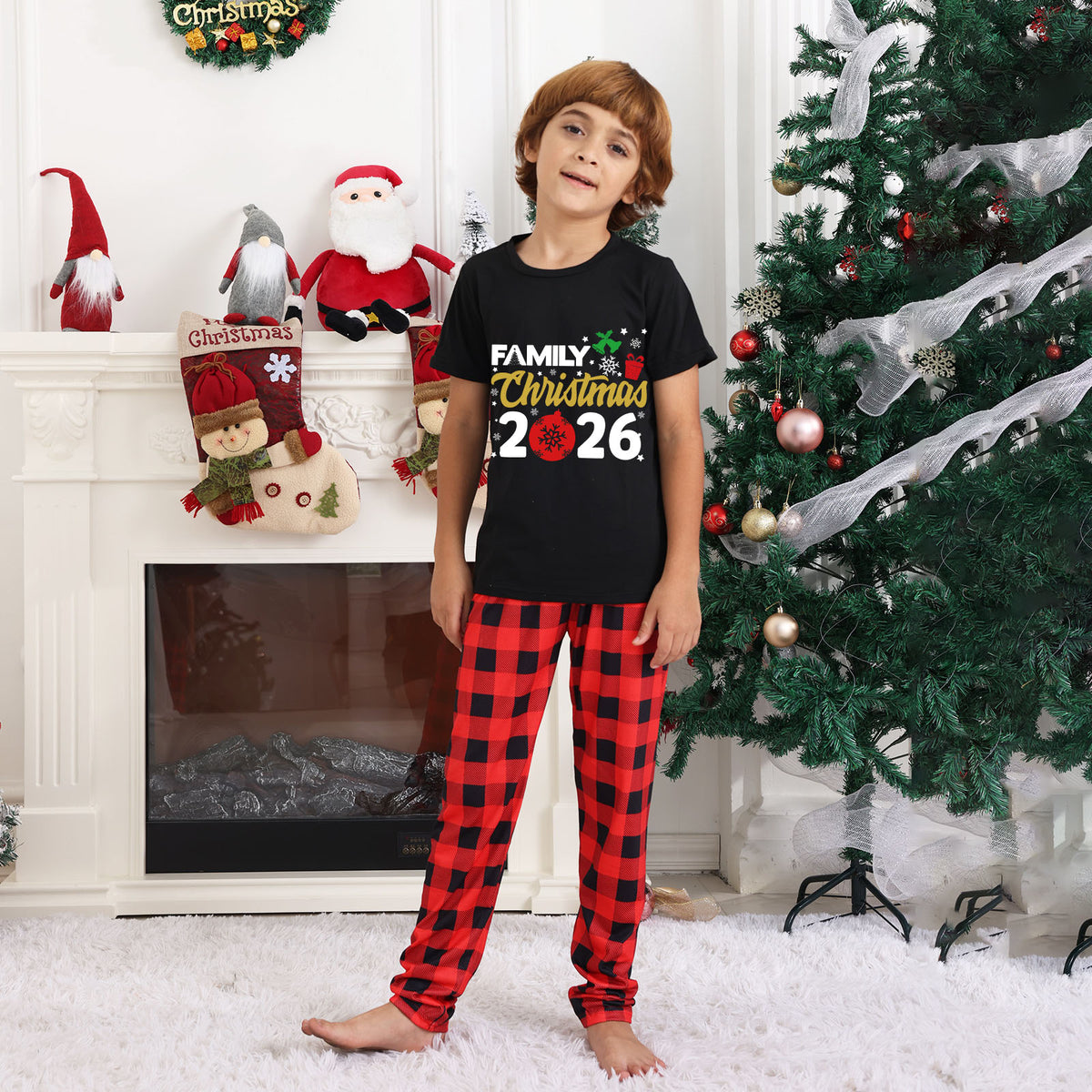 Christmas Card Photo Outfits Red Ornament Typography Christmas Morning Pajamas CHP-33