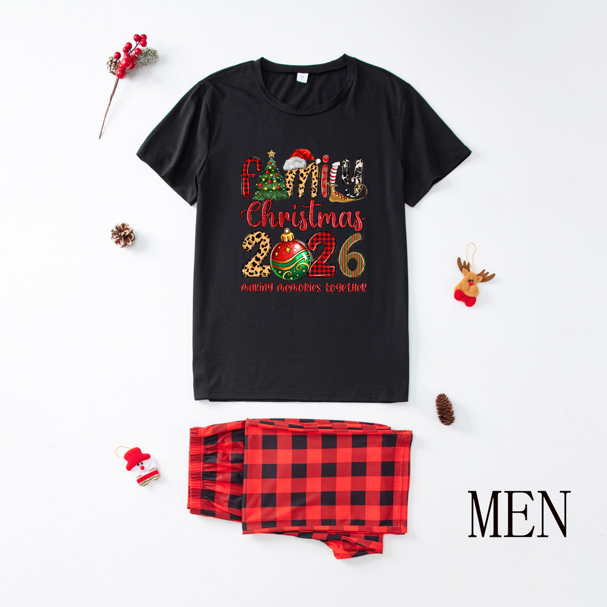 Dad and Kids Christmas Pajamas Santa Hat Tree Typography Christmas Family Photo Outfits CHP-39