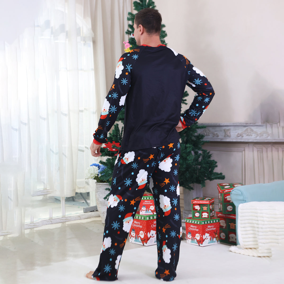 Christmas Pajama Set Navy Santa Snowflake Allover Print Matching Christmas Pajamas for Photos CHP-92