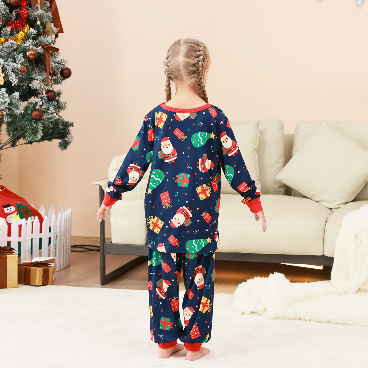 Christmas Eve Pajamas Navy Santa Gift Print Pattern Matching Christmas Pajamas CHP-73