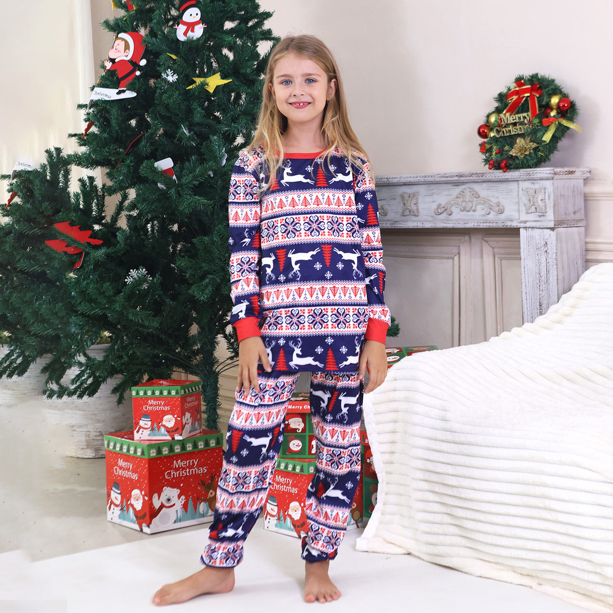 Dad and Kids Christmas Pajamas Navy Reindeer Fair Isle Pattern Matching Christmas PJs CHP-99
