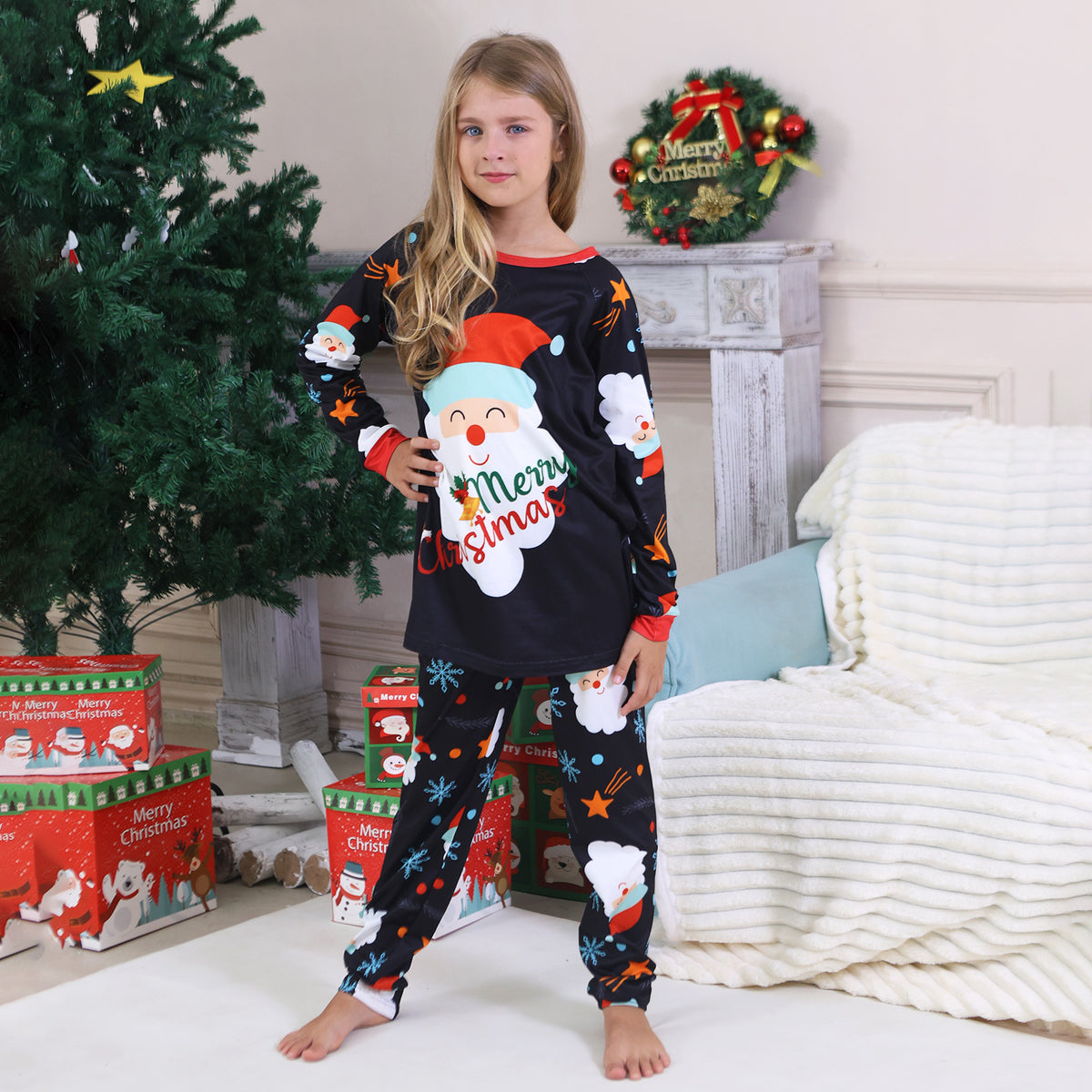 Christmas Pajama Set Navy Santa Snowflake Allover Print Matching Christmas Pajamas for Photos CHP-92