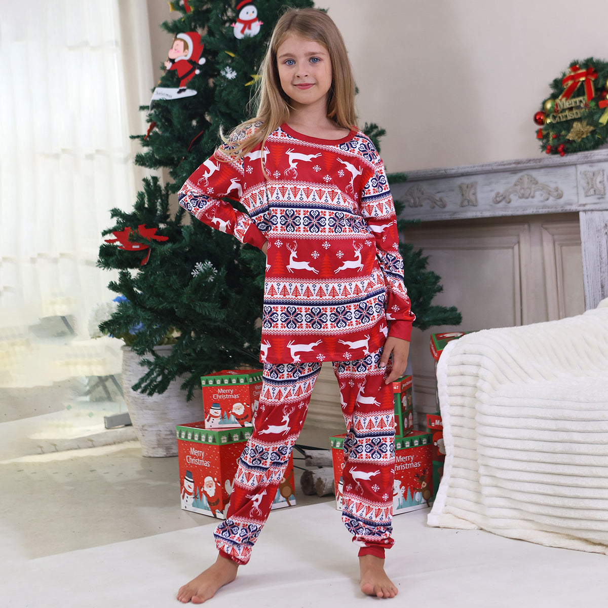 Mommy and Me Christmas Pajamas Red Reindeer Fair Isle Pattern Christmas Pajamas for Family Photos CHP-98