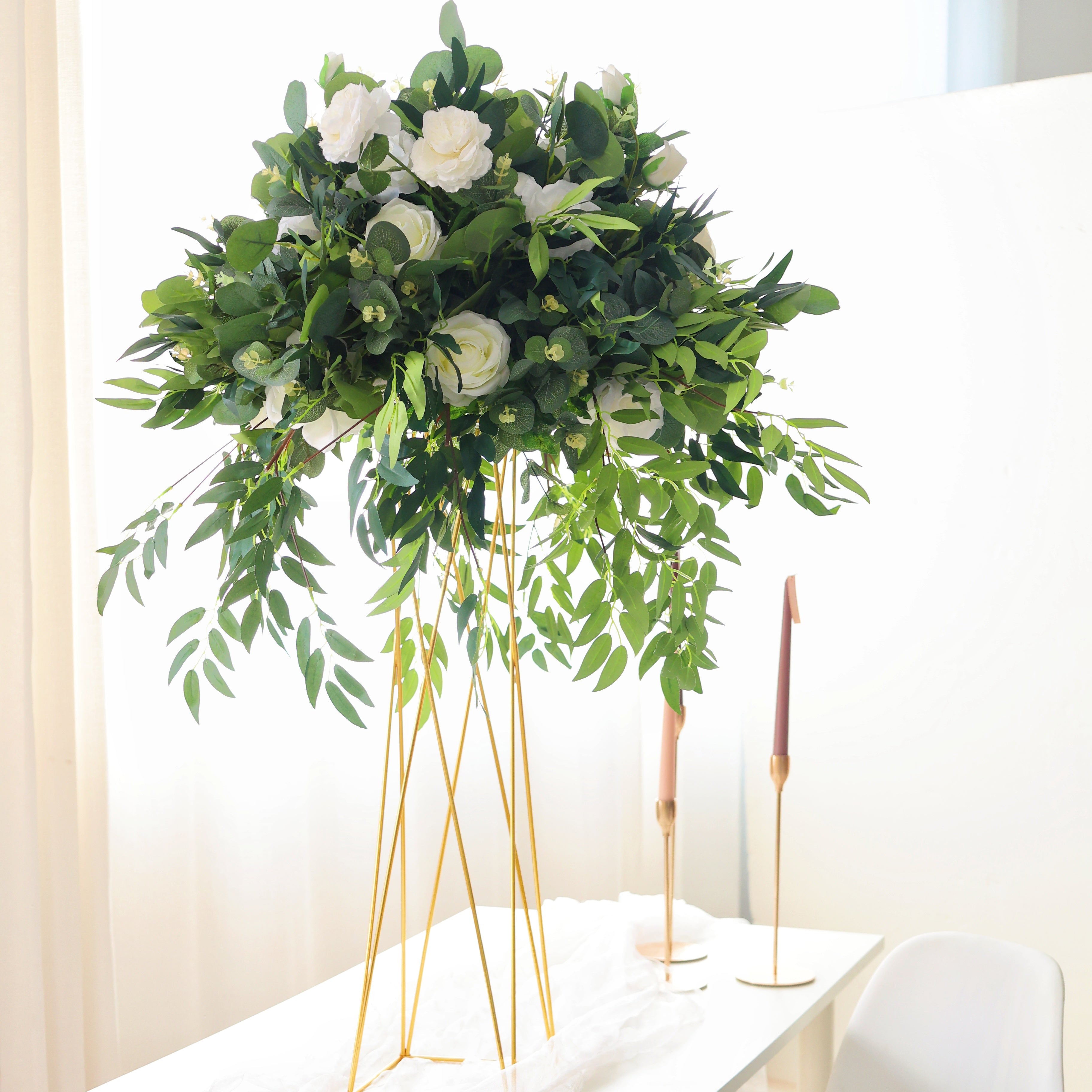 White Rose with Green Leaves Flower Centerpiece Wedding Table Decor AAFC-031