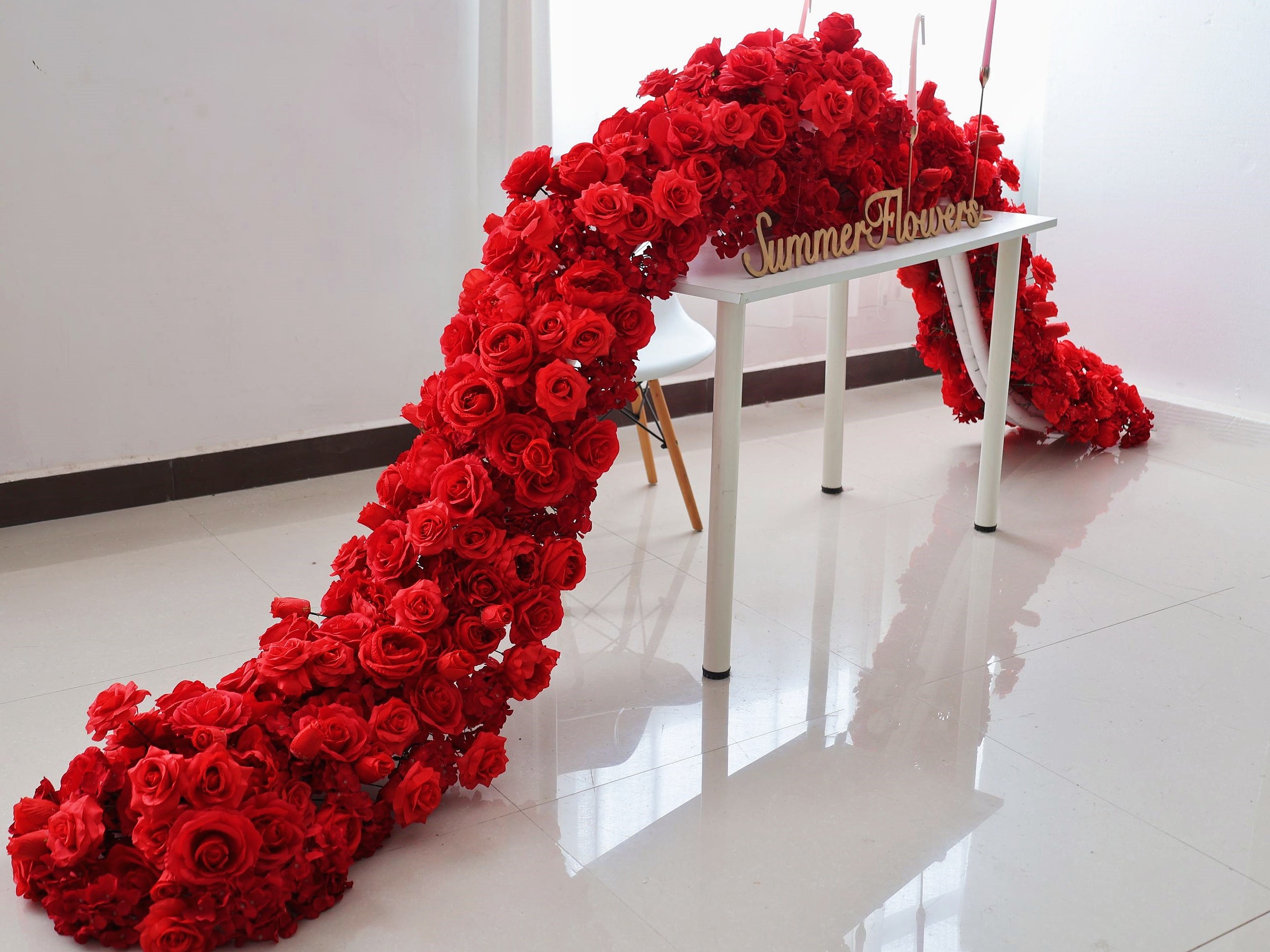 Red Silk Rose Table Flower Runner Row Wedding Banquet Decor AAFR-002