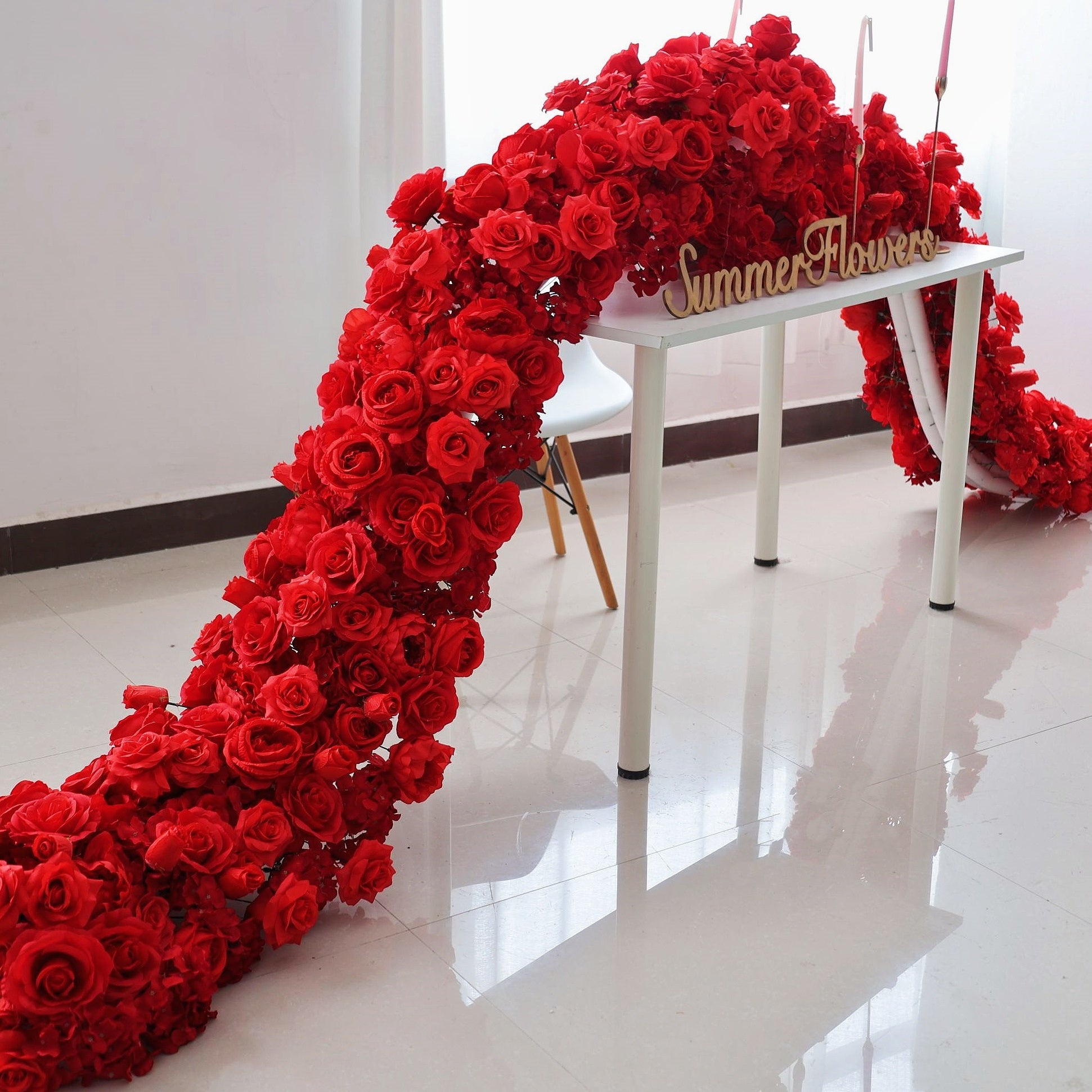 Red Silk Rose Table Flower Runner Row Wedding Banquet Decor AAFR-002