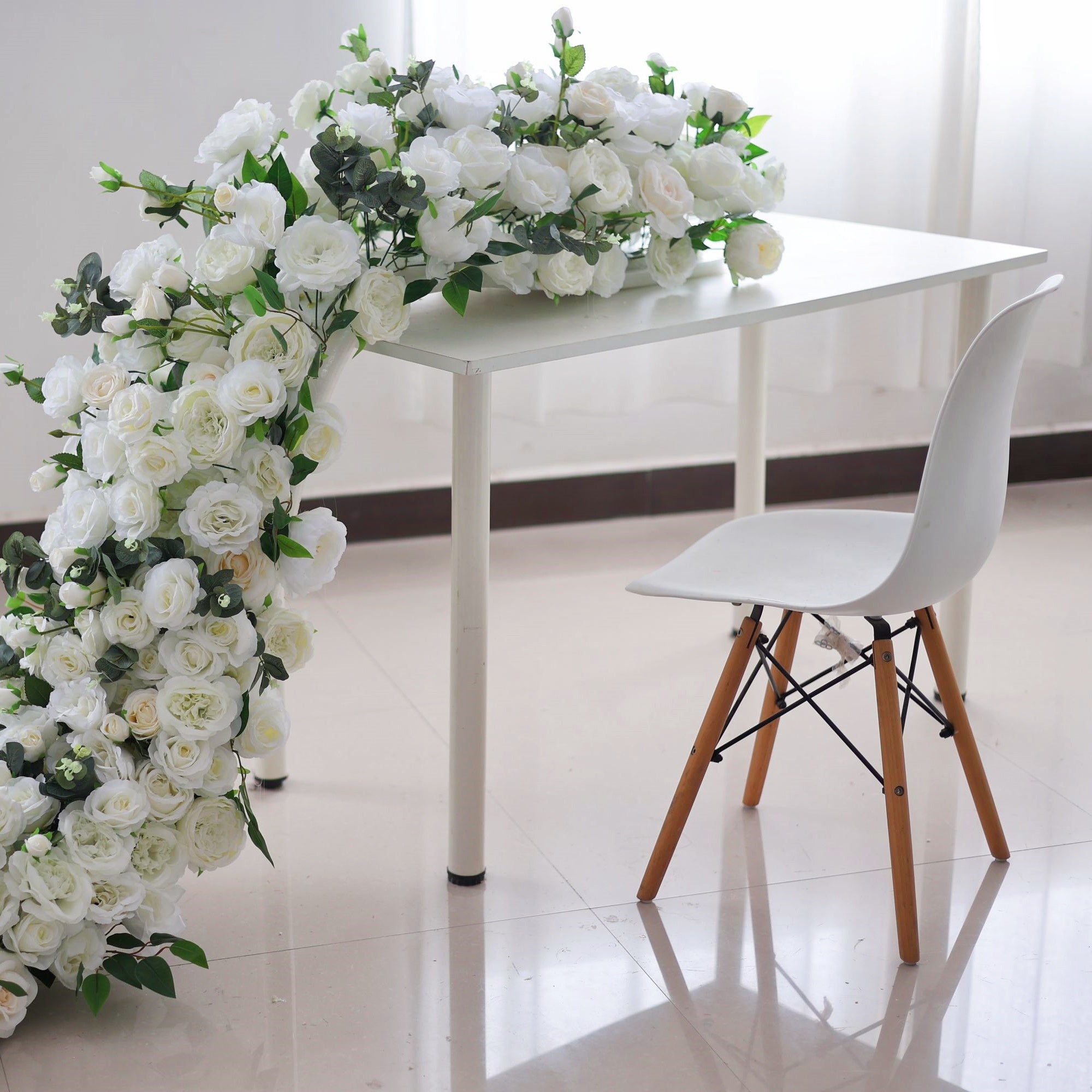 White Rose with Green Leaves Flower Runner Wedding Table Decor AAFR-010