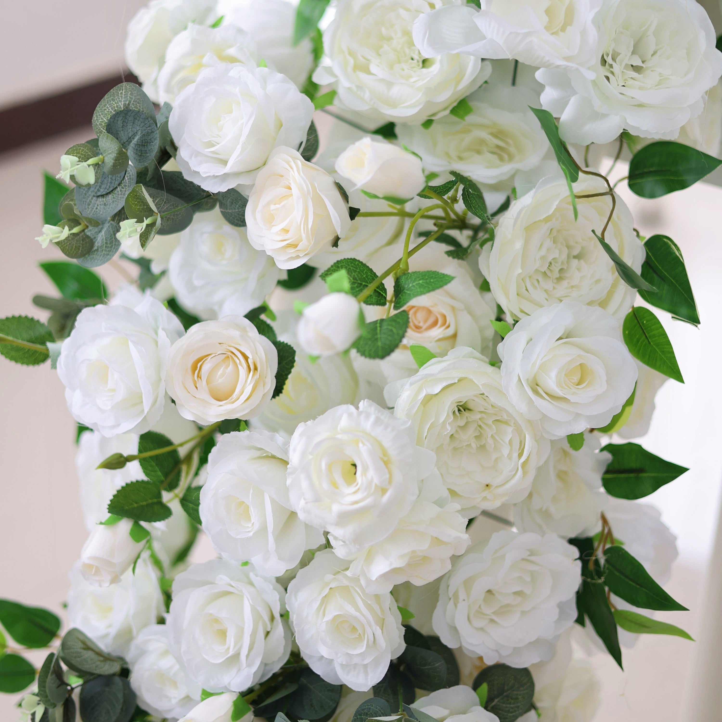 White Rose with Green Leaves Flower Runner Wedding Table Decor AAFR-010