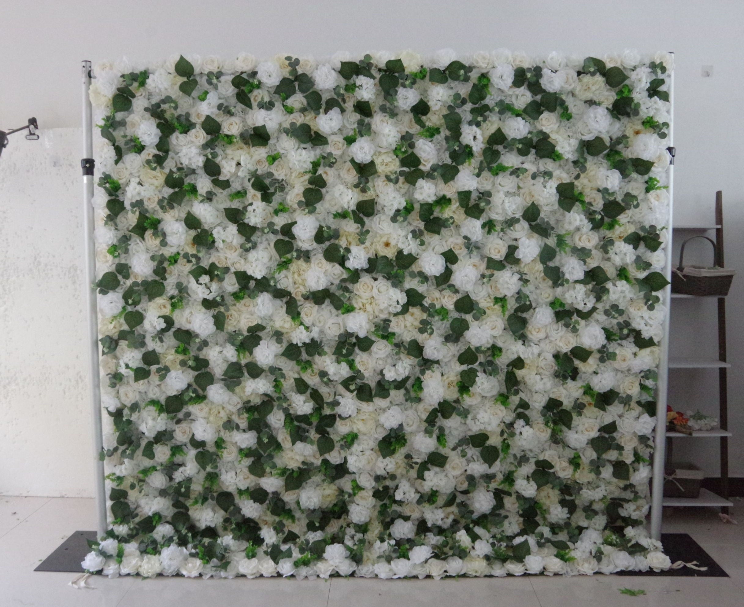 8x8ft White Rose Green Leaves Fabric Hanging Floral Wall AAFW-113