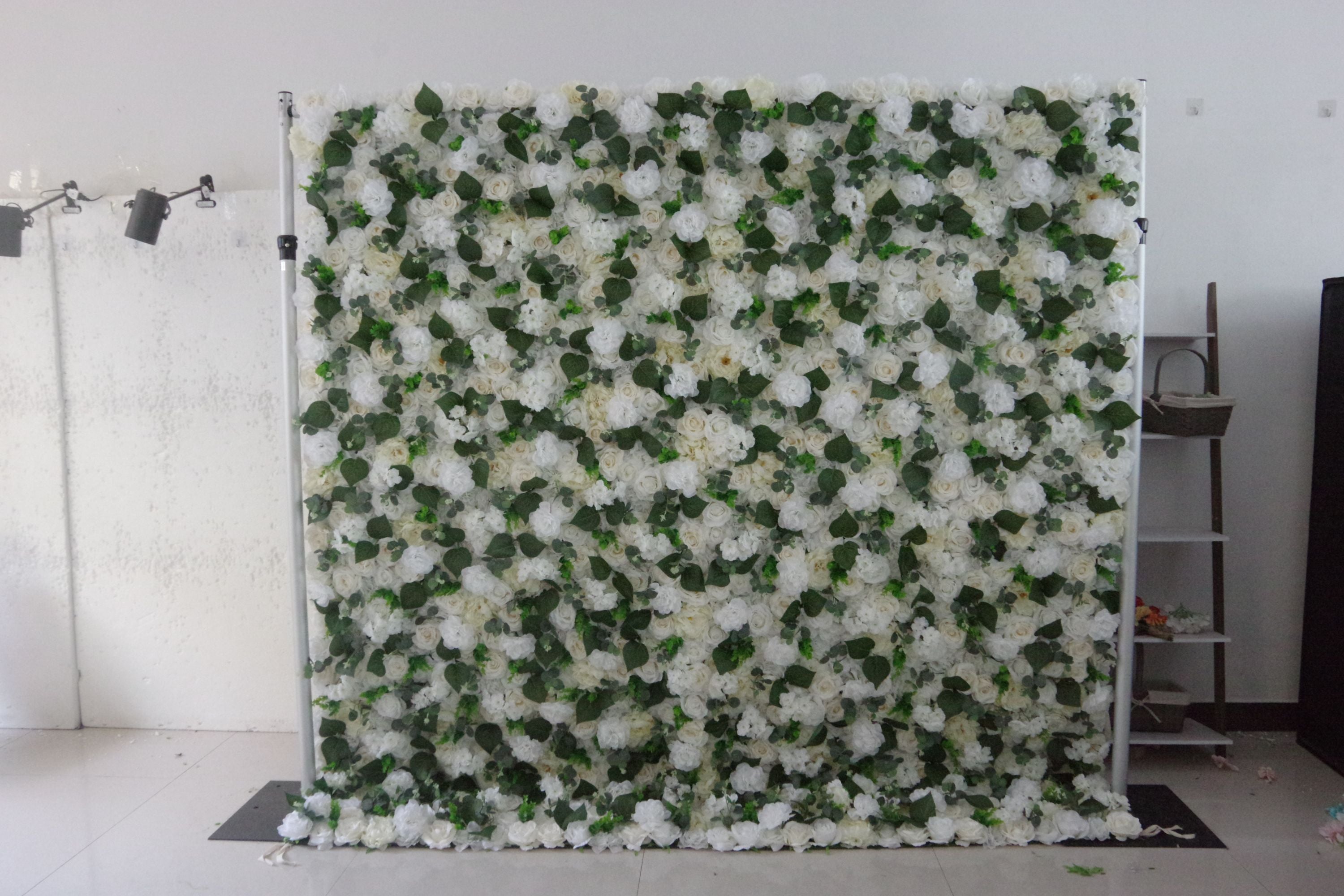 8x8ft White Rose Green Leaves Fabric Hanging Floral Wall AAFW-113