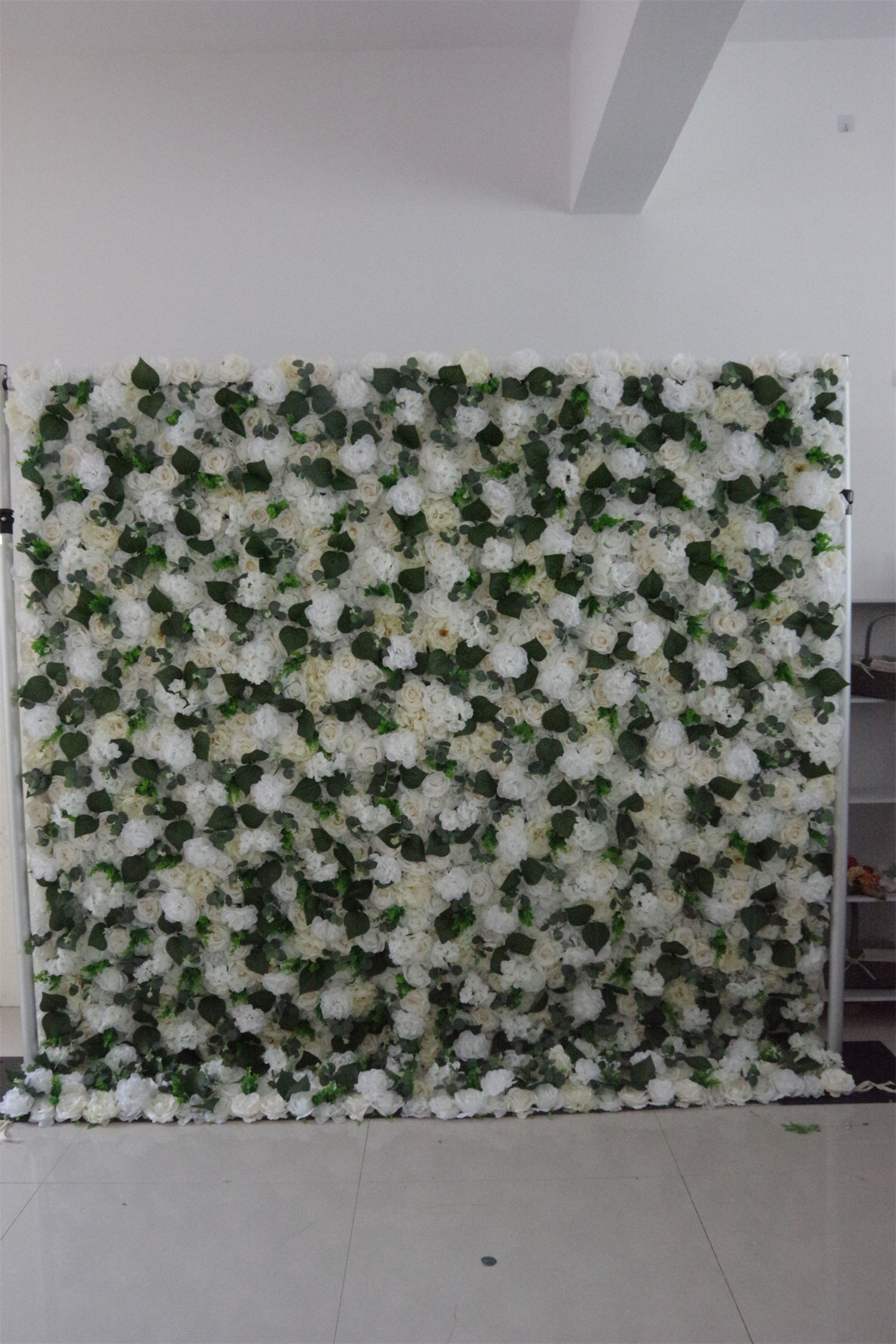 8x8ft White Rose Green Leaves Fabric Hanging Floral Wall AAFW-113