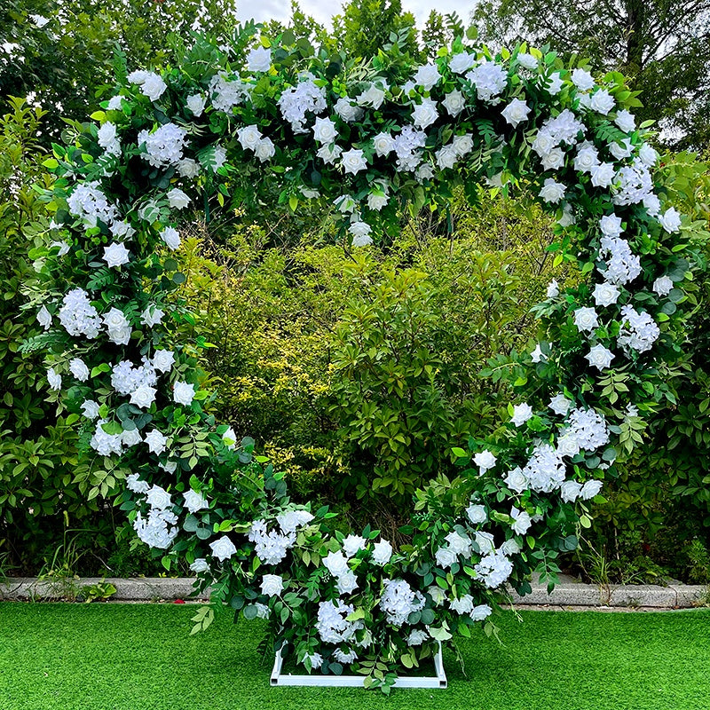 Green Leaves and White Fabric Rose Heart Shaped Arch Flower Wall ABAW-003