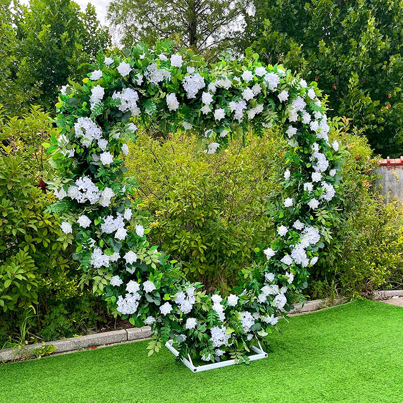 Green Leaves and White Fabric Rose Heart Shaped Arch Flower Wall ABAW-003