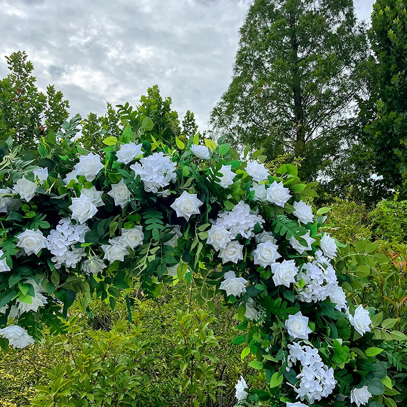 Green Leaves and White Fabric Rose Heart Shaped Arch Wedding Flower Wall ABAW-003
