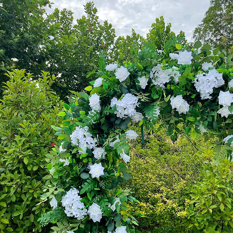 Green Leaves and White Fabric Rose Heart Shaped Arch Flower Wall ABAW-003
