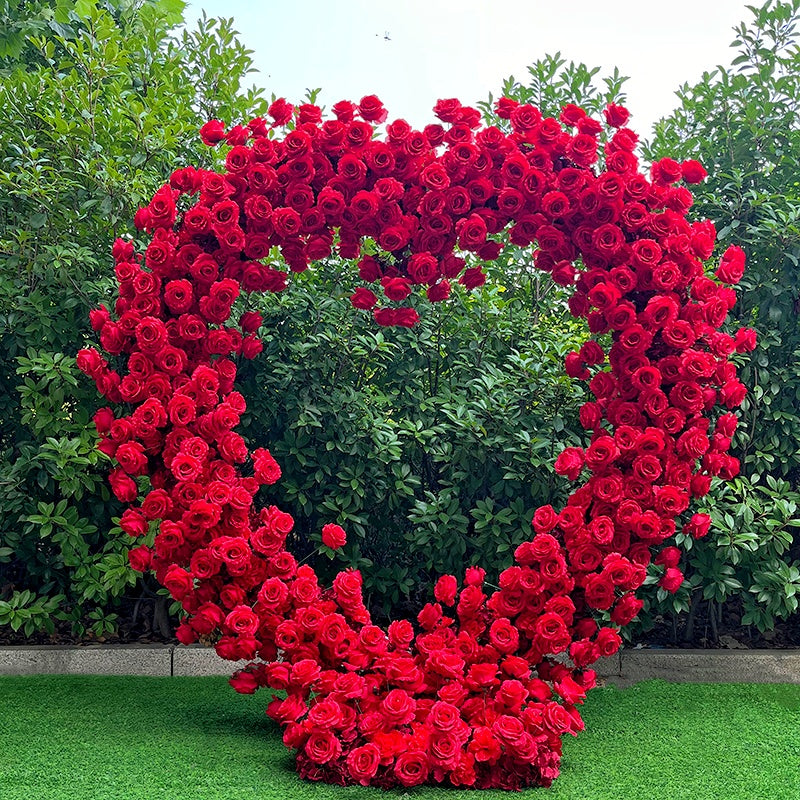 Flower Arch 6.5ft Red Roses Heart Shaped Floral Backdrop for Valentine's Day ABAW-012