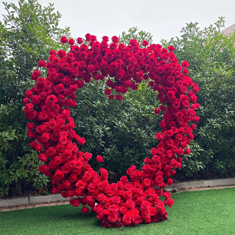Flower Arch 6.5ft Red Roses Heart Shaped Floral Backdrop for Valentine's Day ABAW-012