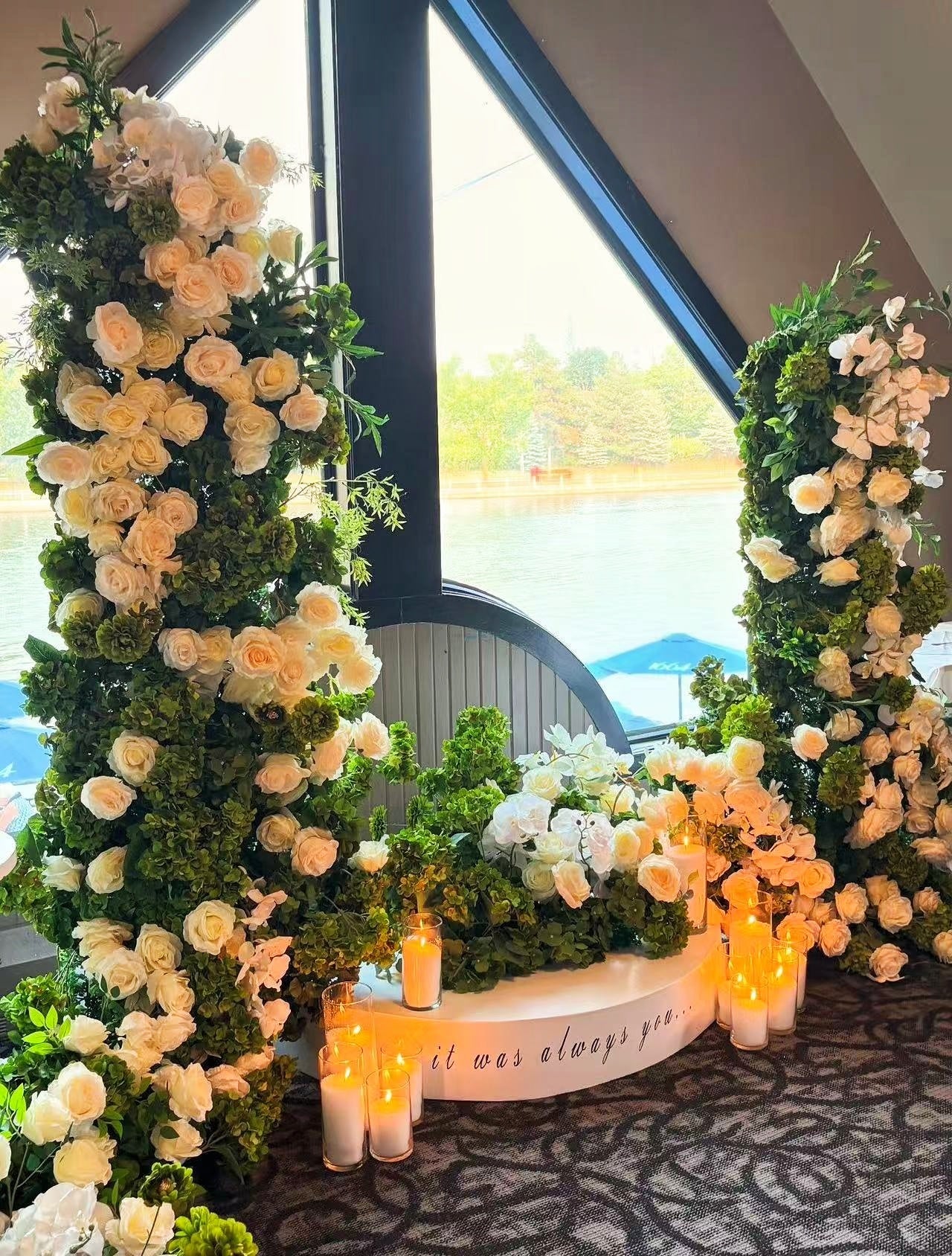 White Rose with Greenery Artificial Floral Pillars Wedding Arch Decor ABAW-009