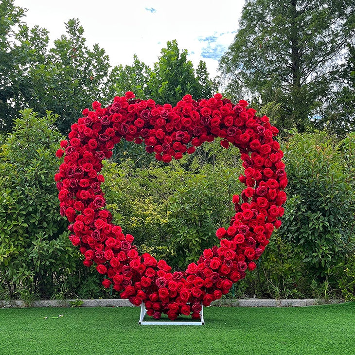 Flower Arch 6.5ft Red Roses Heart Shaped Floral Backdrop for Valentine's Day ABAW-012