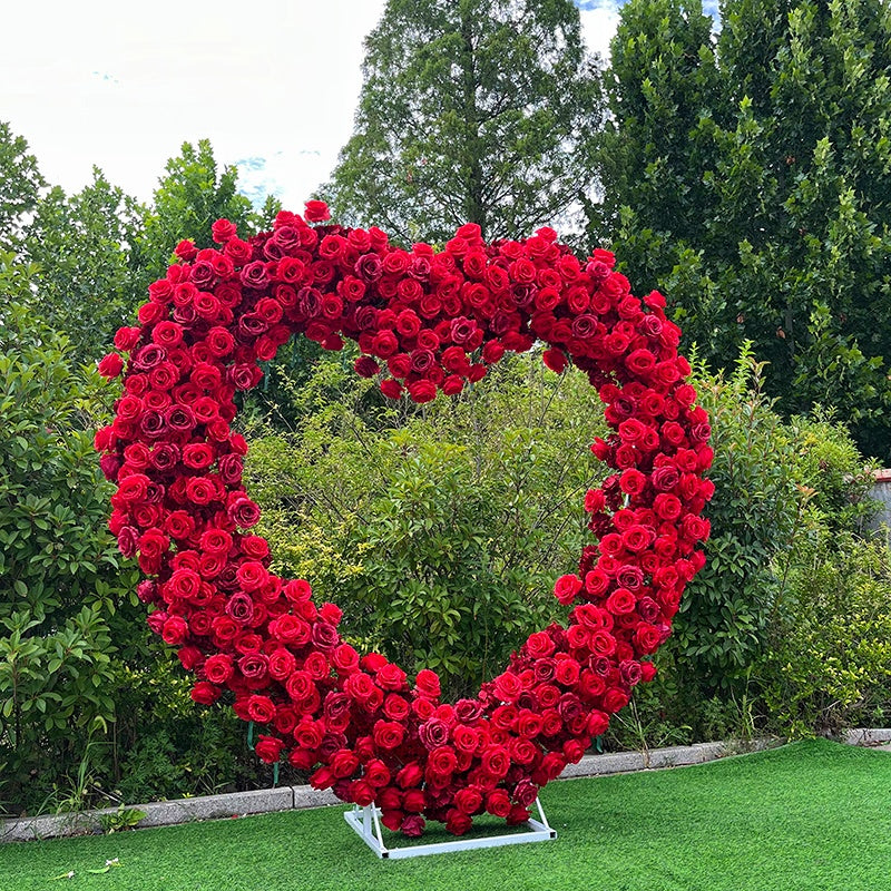 Flower Arch 6.5ft Red Roses Heart Shaped Floral Backdrop for Valentine's Day ABAW-012