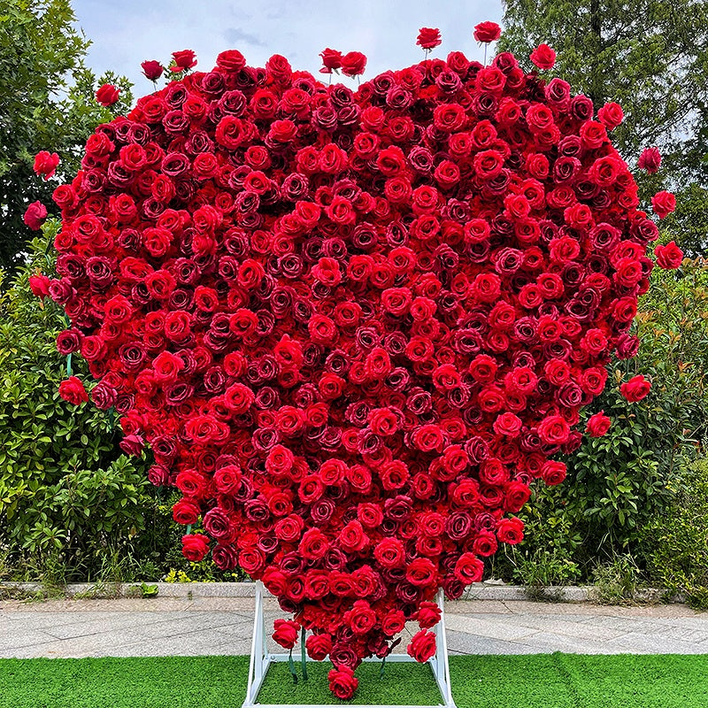 8ft Romantic Heart Shaped Red Rose Flower Wall for Wedding Decor ABAW-028