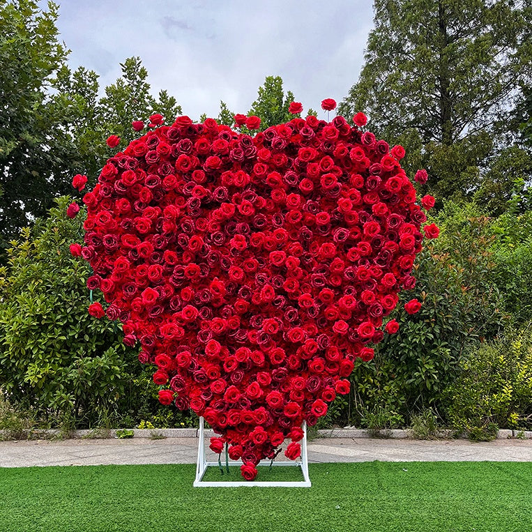 8ft Romantic Heart Shaped Red Rose Flower Wall for Wedding Decor ABAW-028